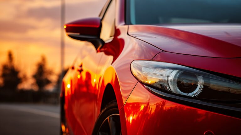 Crveni automobil snimljen u krupnom planu pri zalasku sunca, sa refleksijom neba i drveća na sjajnoj površini haube