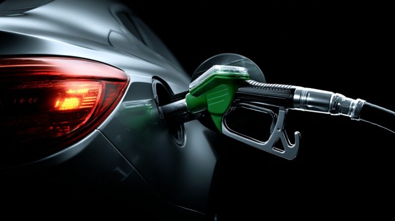 Krupni plan automobila koji se toči na pumpi, sa zelenim pištoljem za gorivo umetnutim u rezervoar